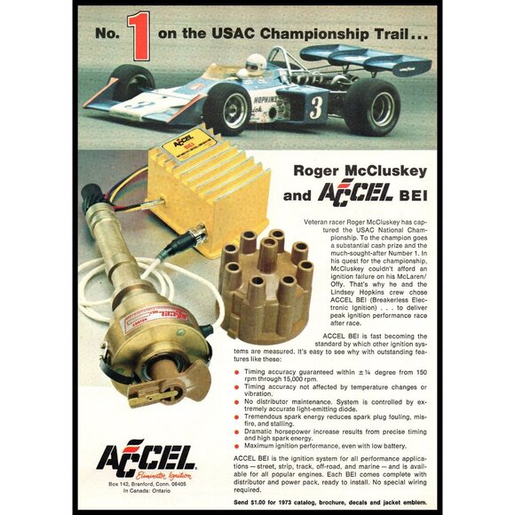 1973 Accel Eliminator Ignition Coil Vintage Print Ad USAC Race Car Wall Art - Picture 1 of 1